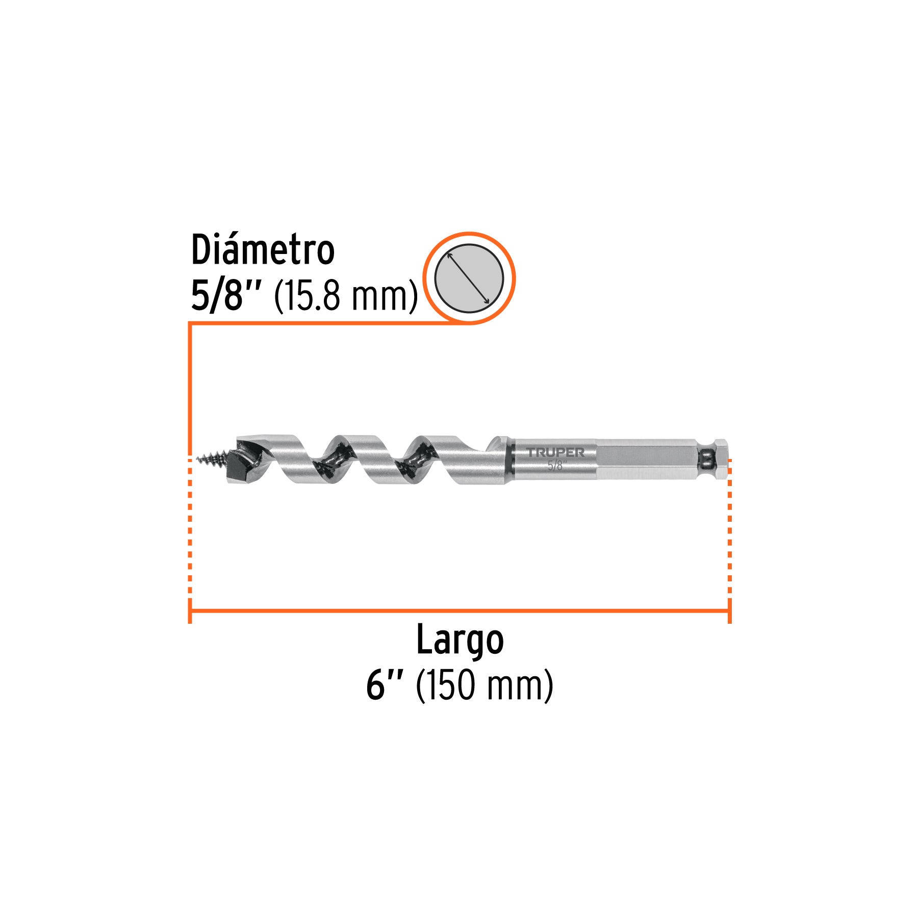 Broca auger tipo berbiquí 5/8' X 6', TRUPER