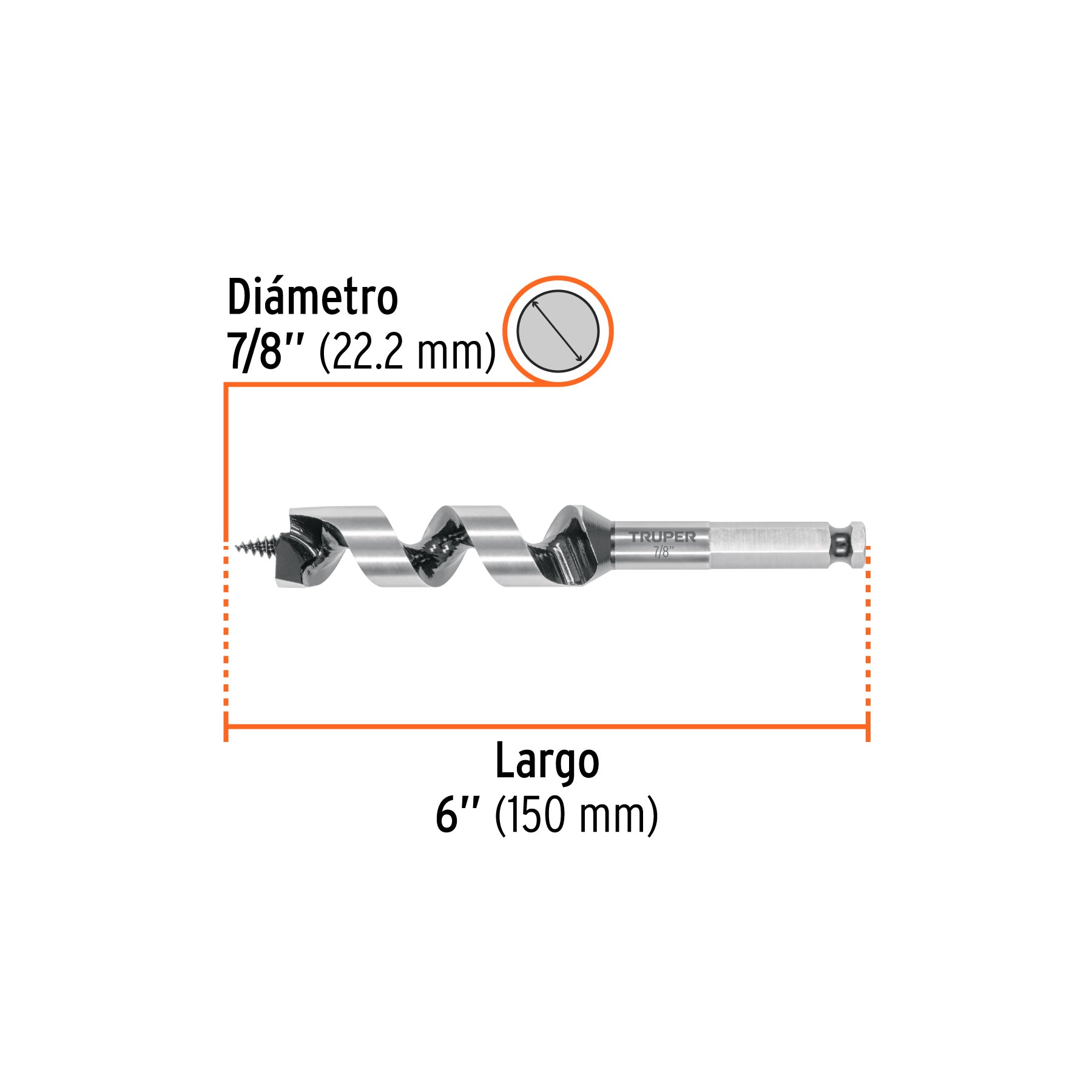 Broca auger tipo berbiquí 7/8' X 6', TRUPER