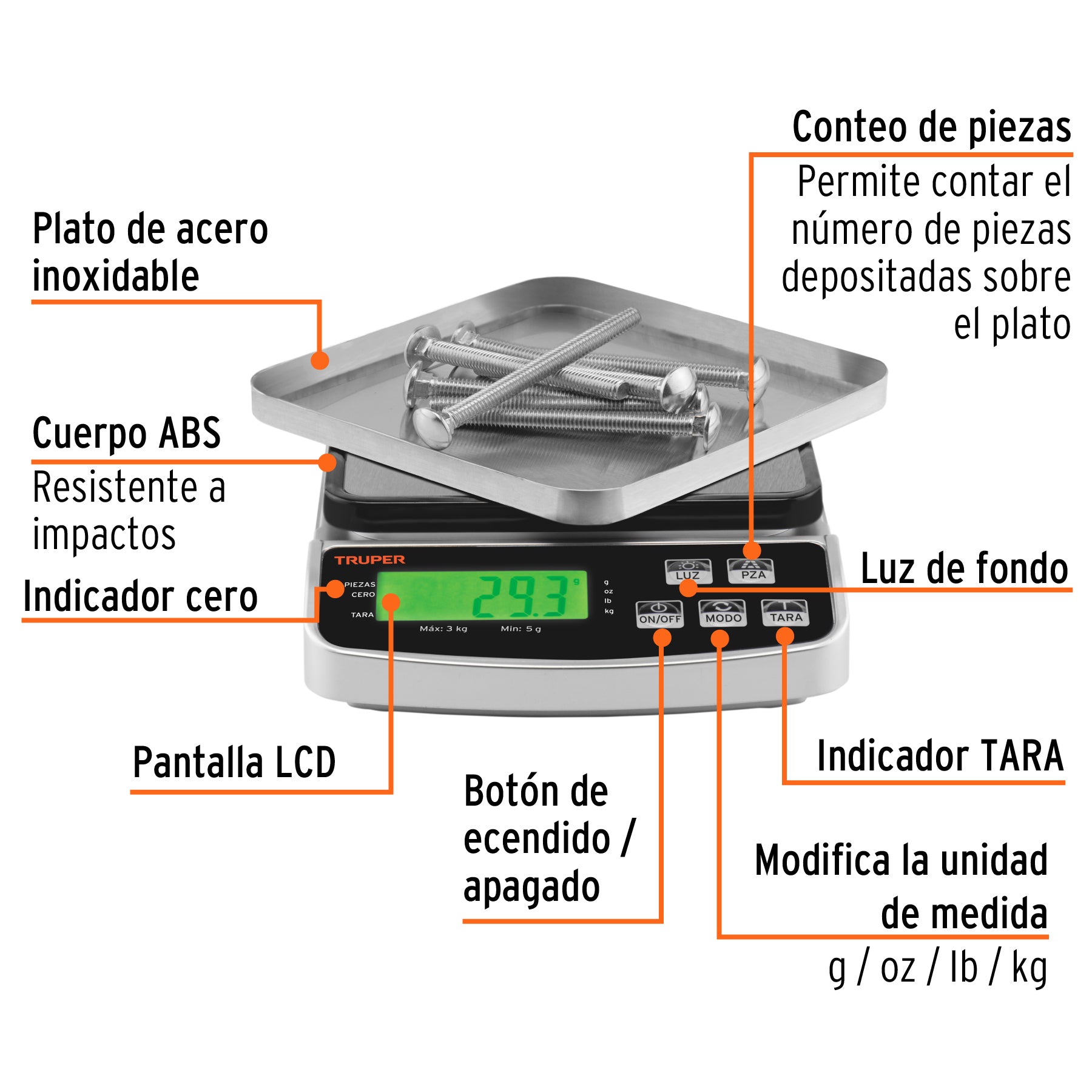 Bascula electronica de precision recargable 3 kg Truper