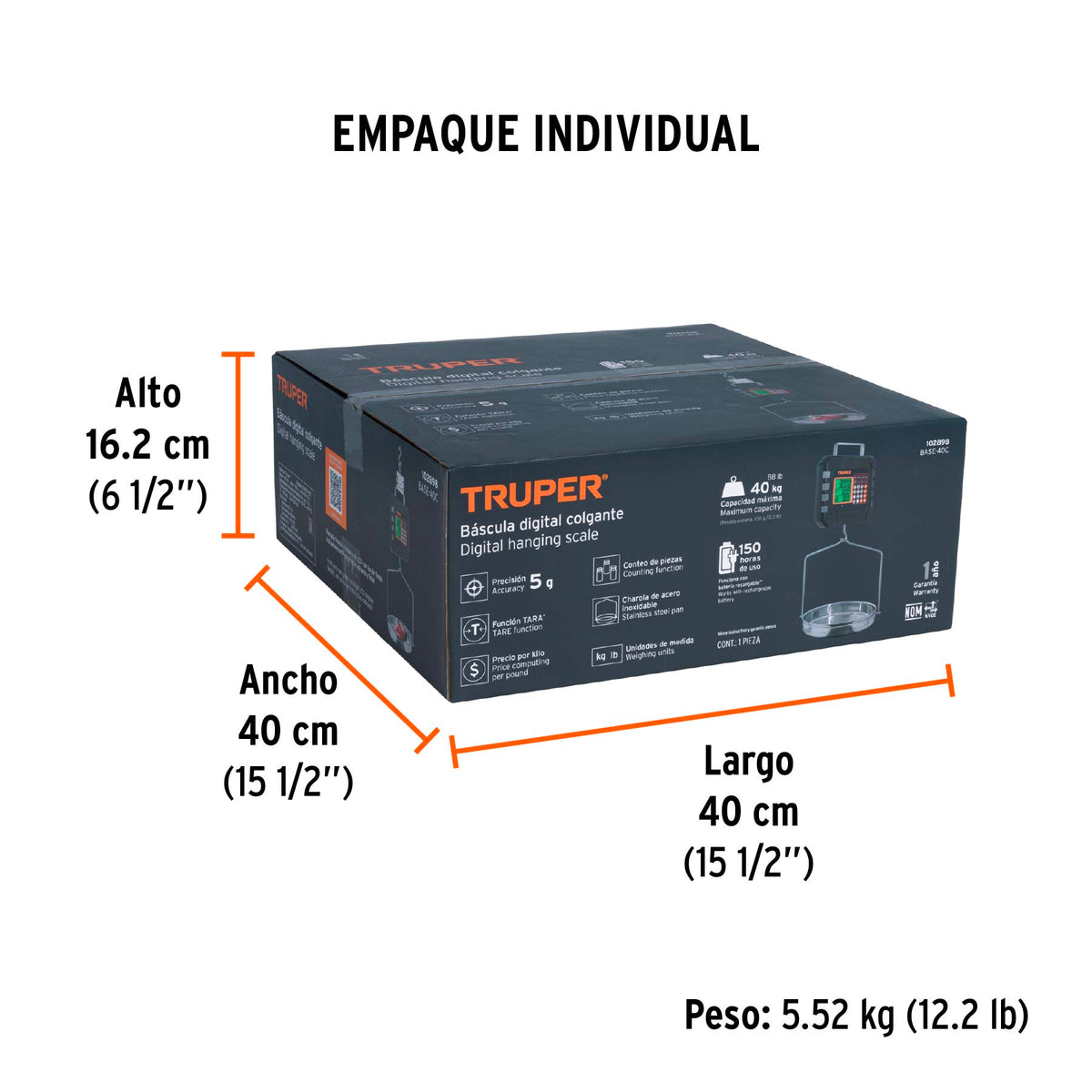 Bascula electronica colgante recargable c/charola 40 kg