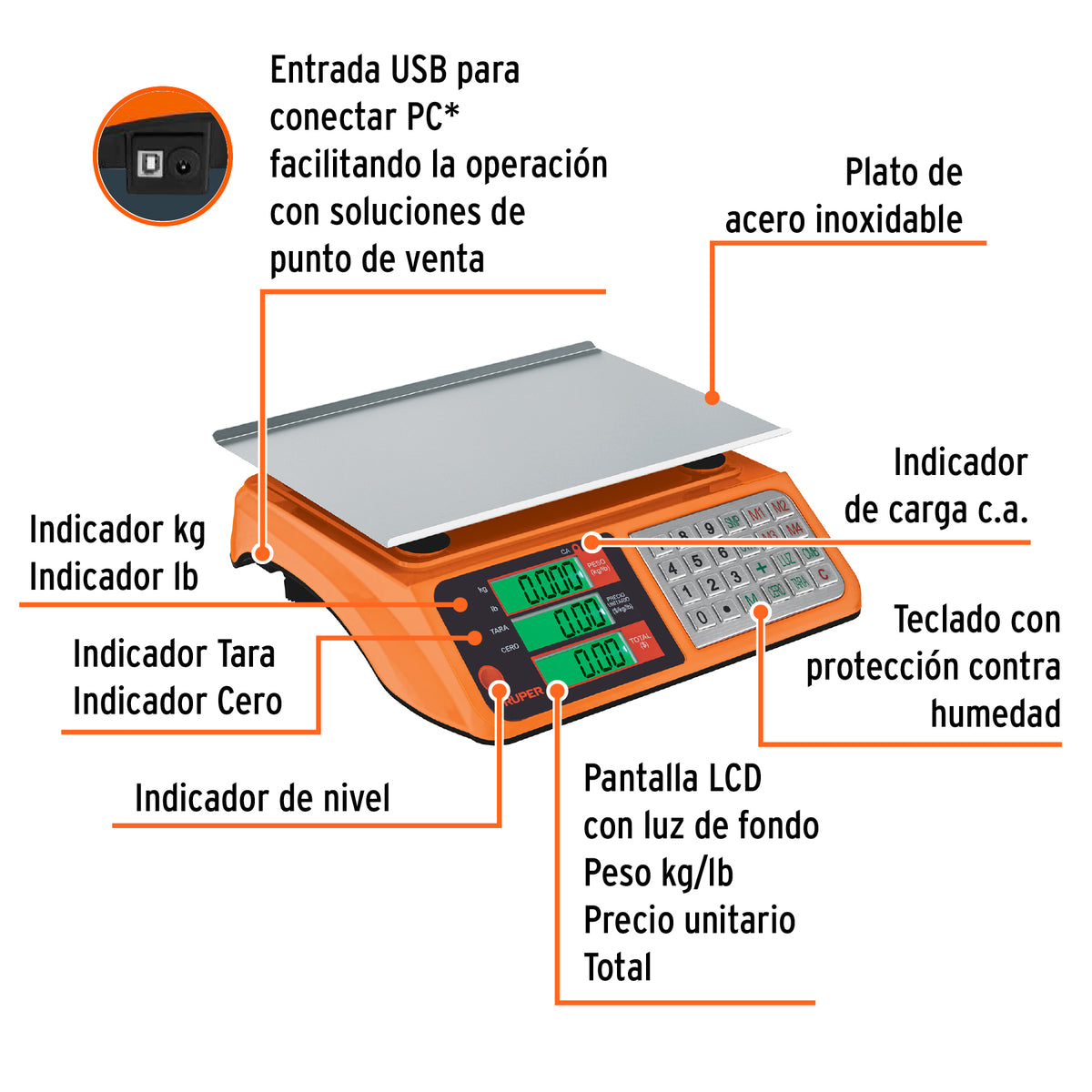 Bascula electronica multifunciones 40 kg USB Truper
