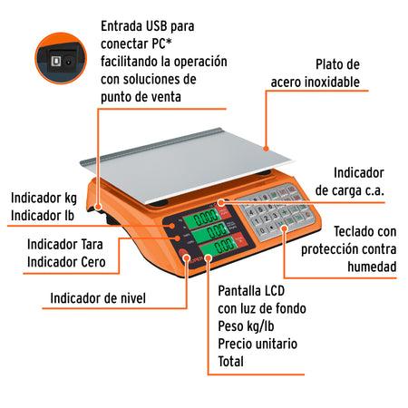 Bascula electronica multifunciones 40 kg USB Truper