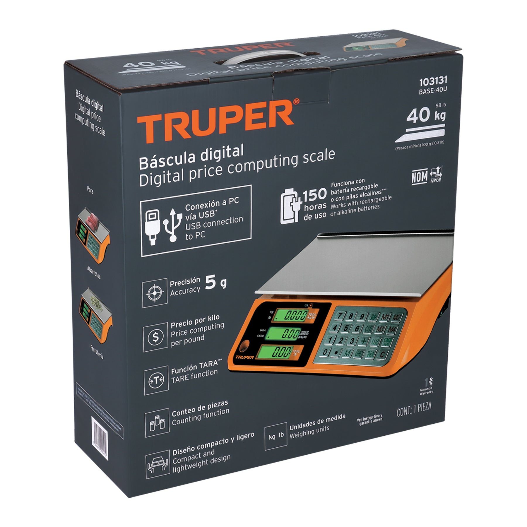 Bascula electronica multifunciones 40 kg USB Truper