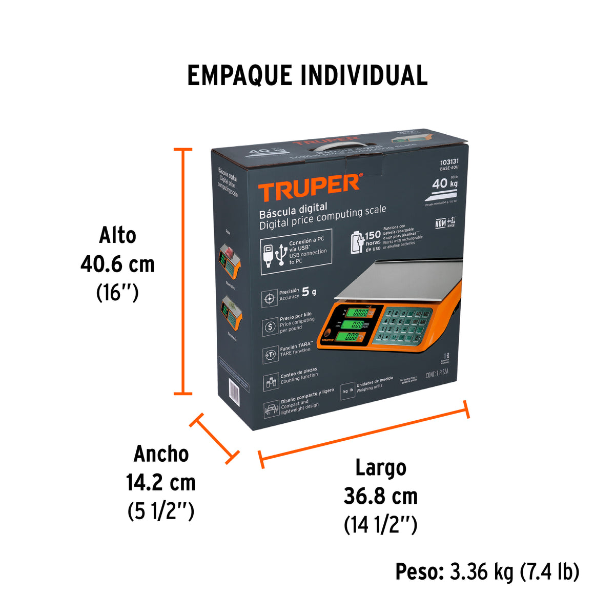 Bascula electronica multifunciones 40 kg USB Truper