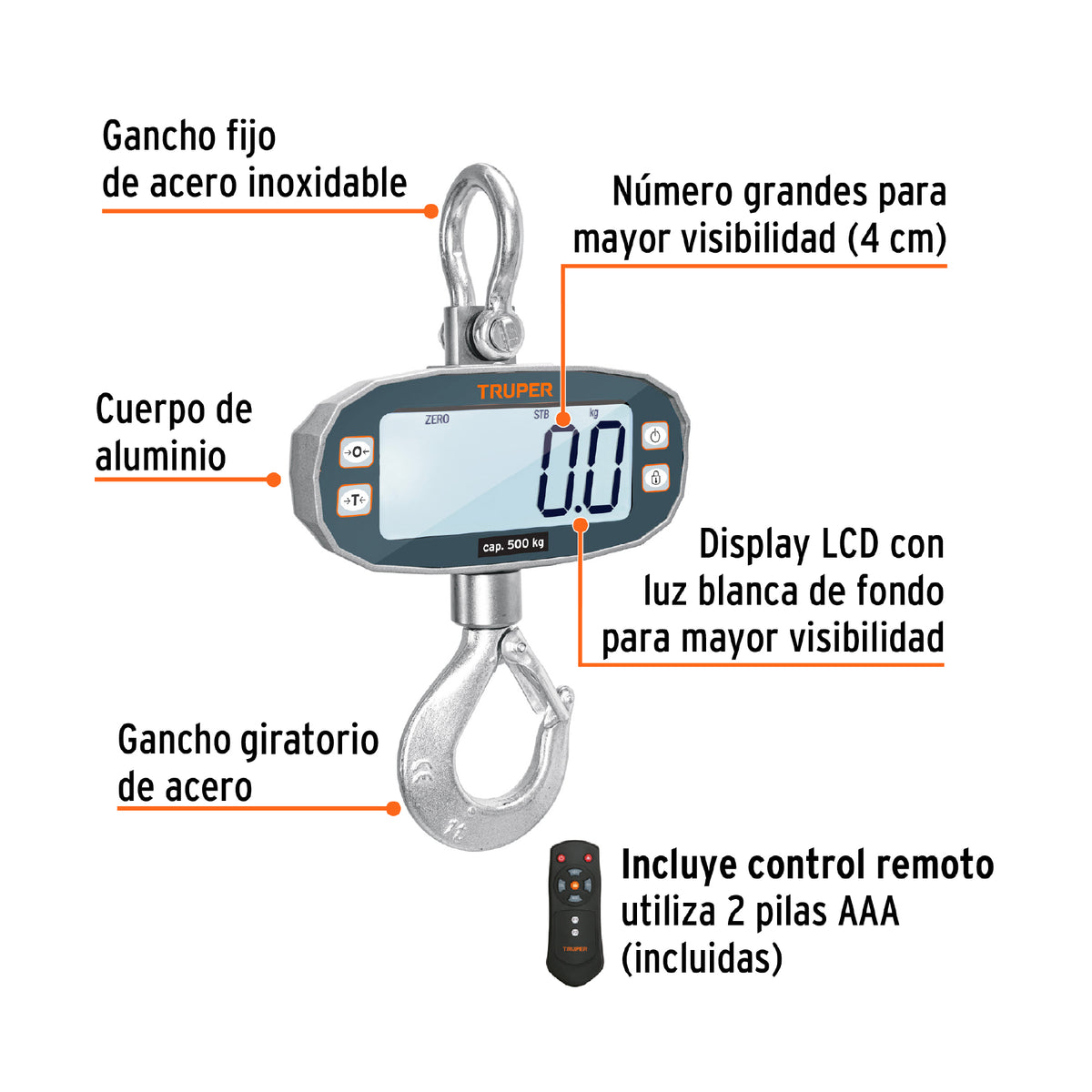 Bascula electronica colgante recargable 500 kg Truper