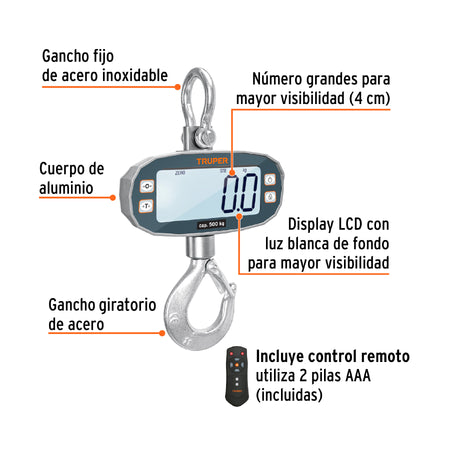 Bascula electronica colgante recargable 500 kg Truper