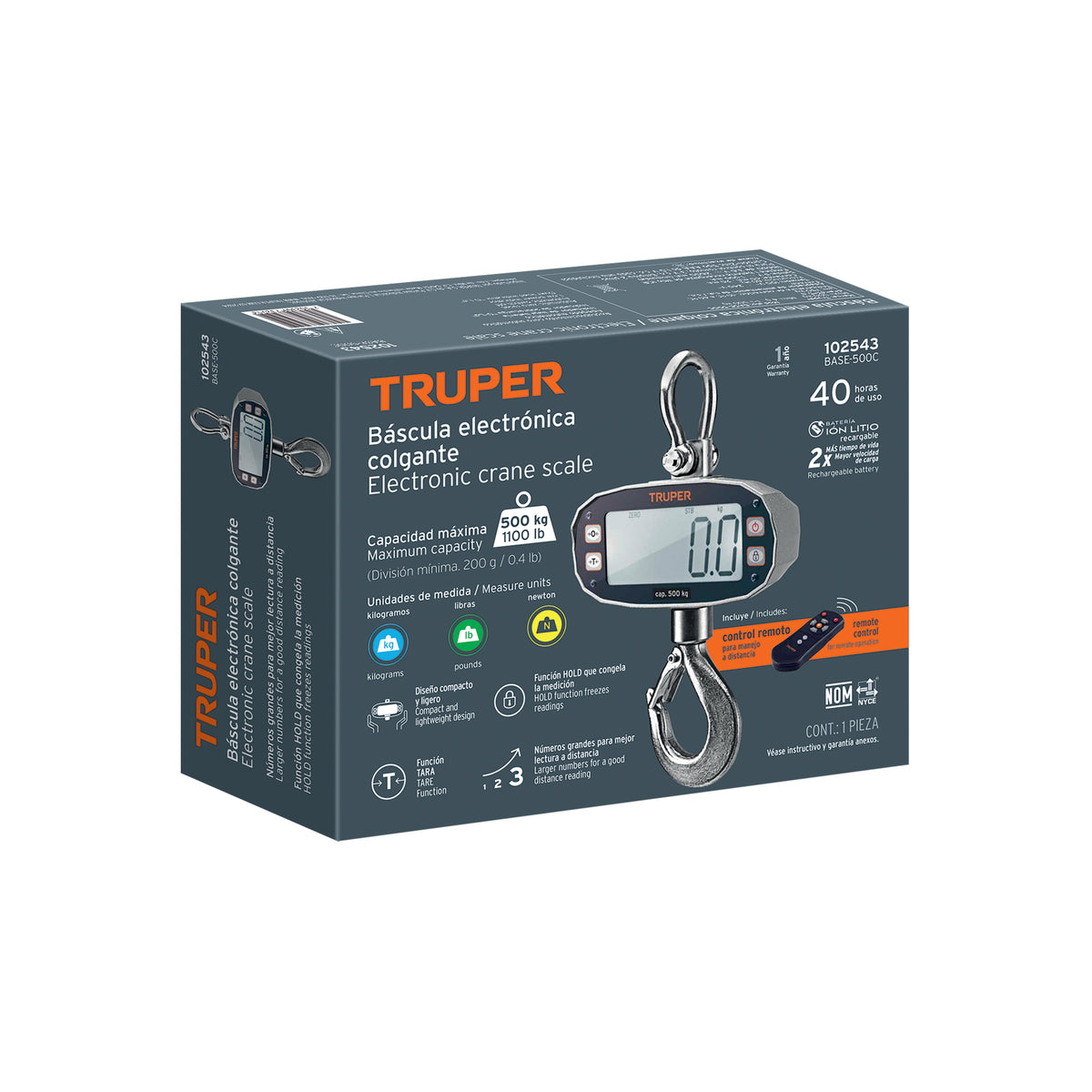 Bascula electronica colgante recargable 500 kg Truper