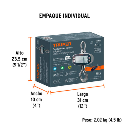 Bascula electronica colgante recargable 500 kg Truper