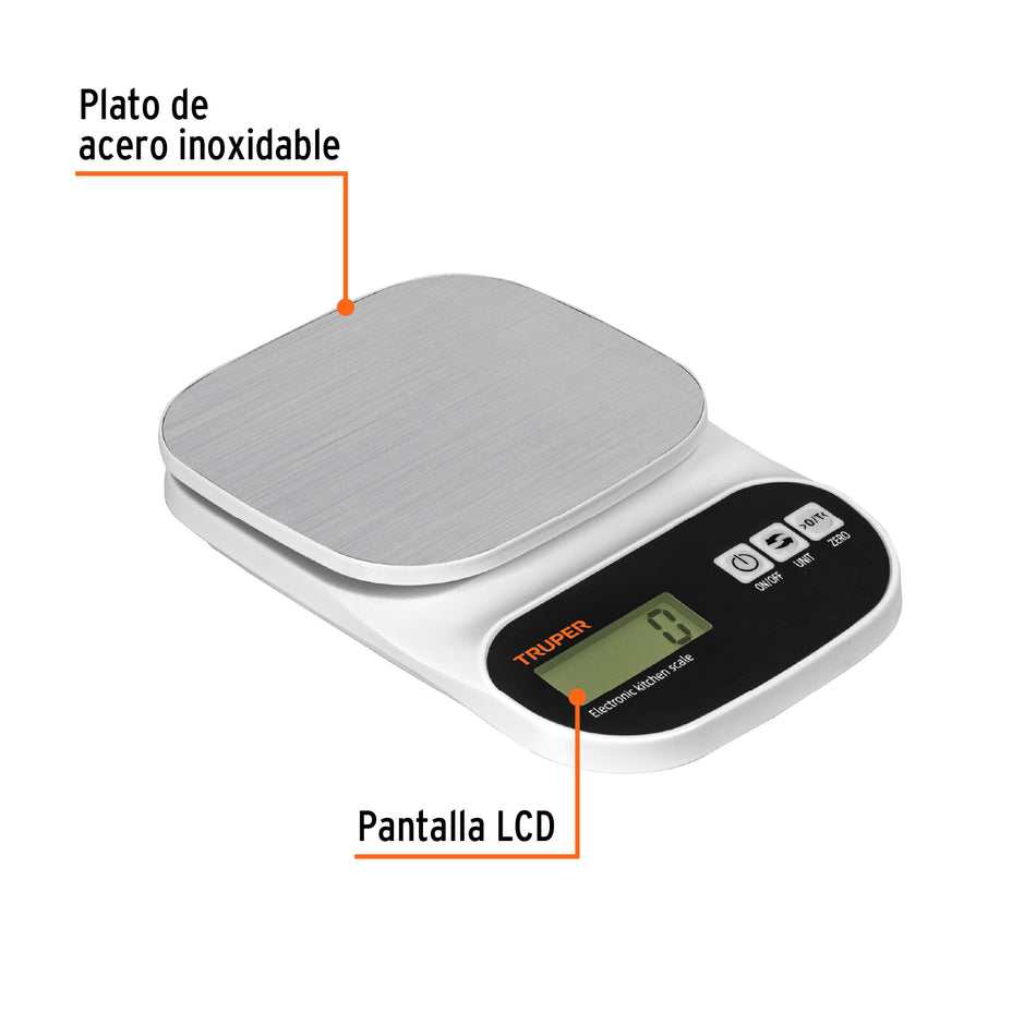 Bascula digital para cocina plato de acero inox5kg Truper