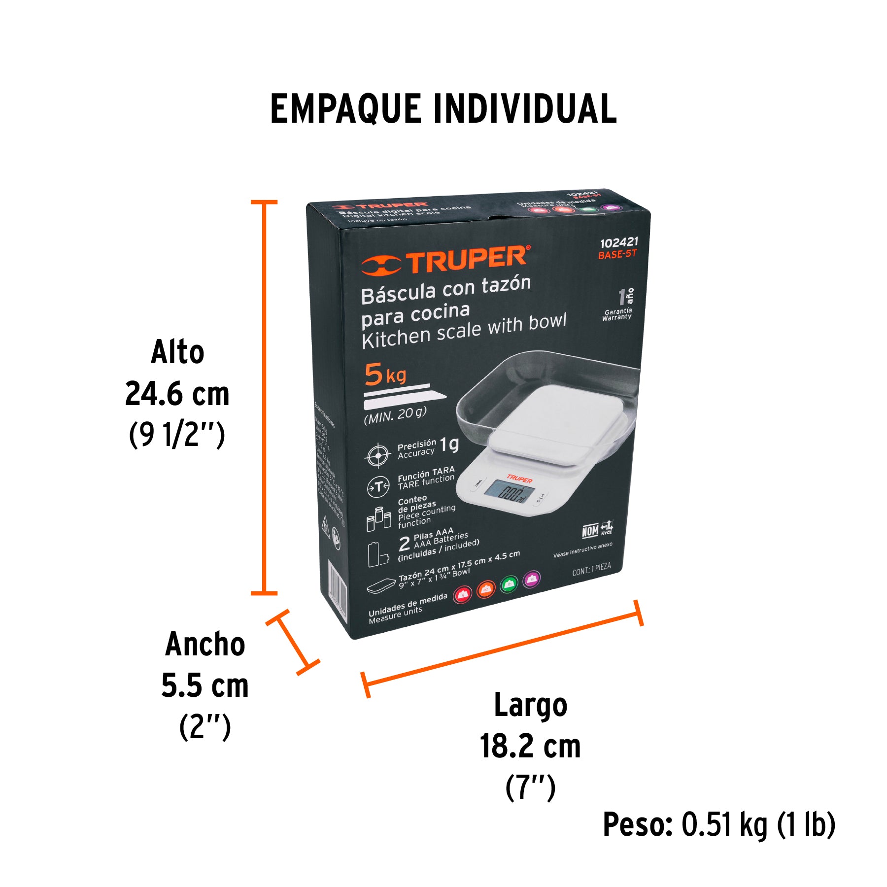 Bascula digital para cocina con tazon 5 kg Truper