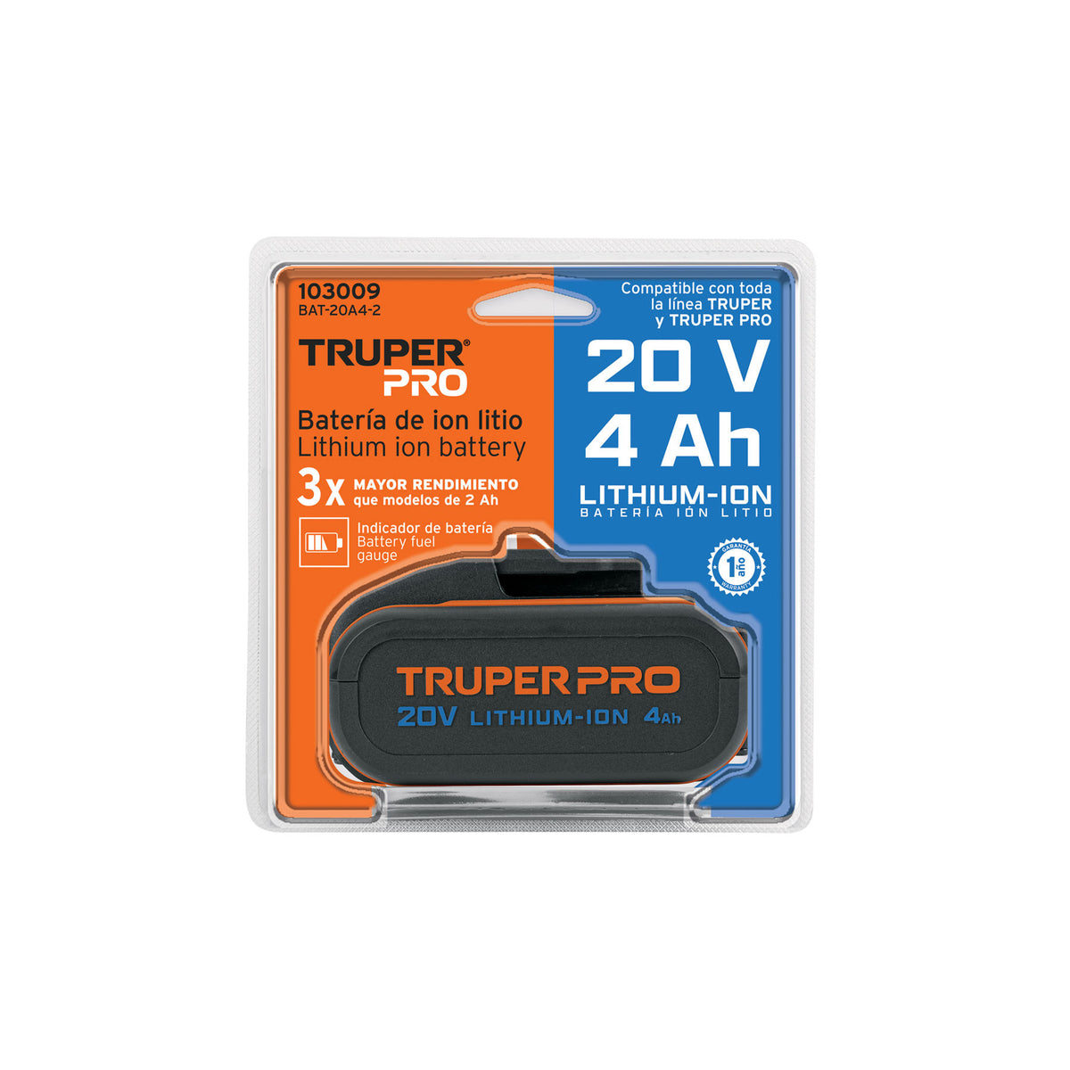 Batería ion litio, 20V, 4 Ah, TRUPER PRO