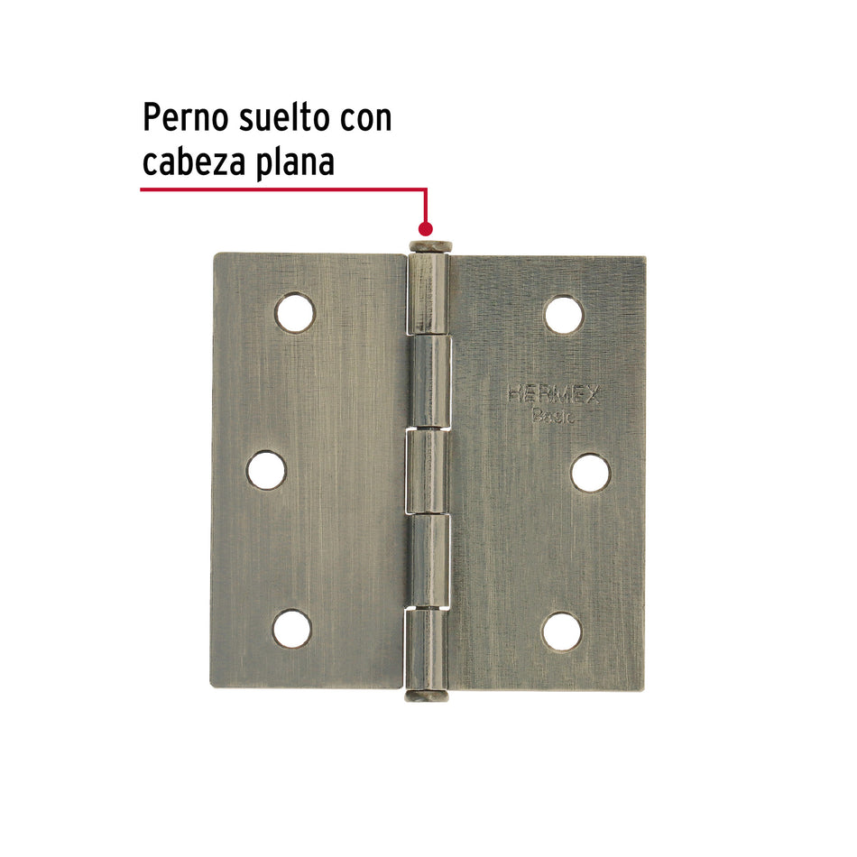 Bisagra cuadrada 2-1/2', latón antiguo, cabeza plana, BASIC