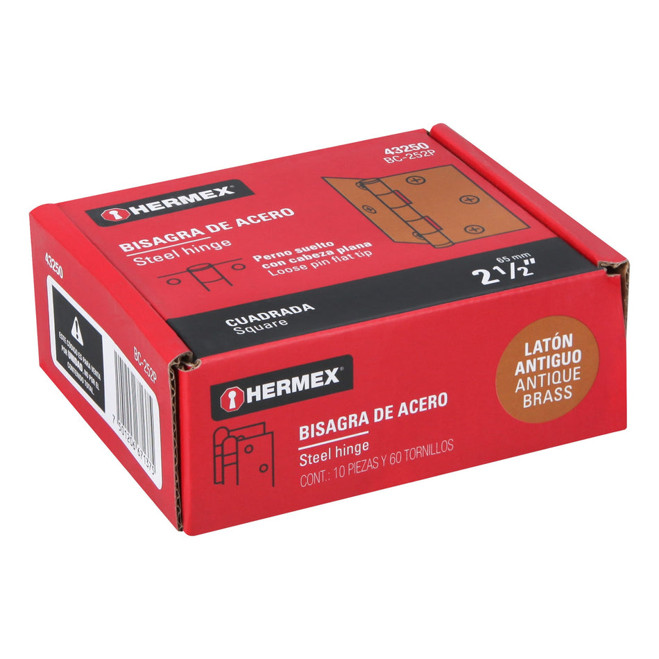 Bisagra cuadrada 2-1/2', latón antiguo, cabeza plana, HERMEX