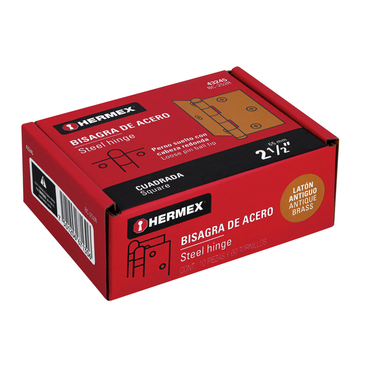 Bisagra cuadrada 2-1/2', latón antiguo, cabeza redonda
