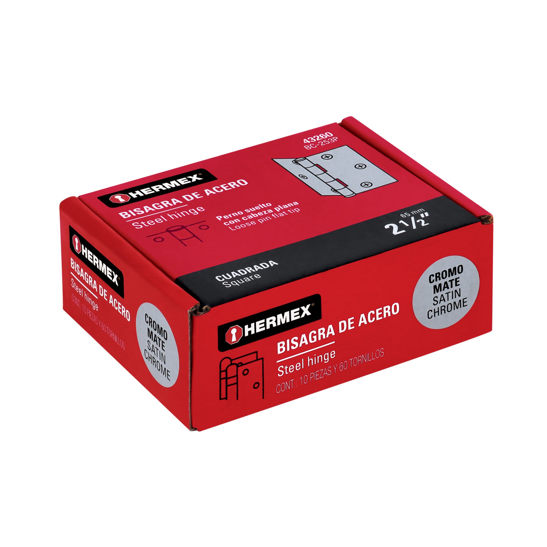 Bisagra cuadrada 2-1/2', satinado, cabeza plana, HERMEX