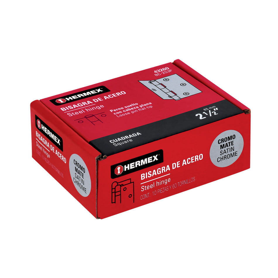 Bisagra cuadrada 2-1/2', satinado, cabeza plana, HERMEX