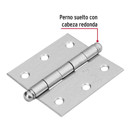 Bisagra cuadrada 2-1/2', satinado, cabeza redonda, HERMEX