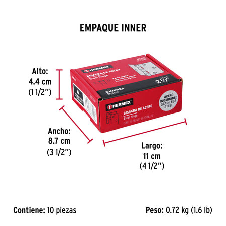 Bisagra cuadrada acero inox cabeza plana HERMEX 2-1/2"