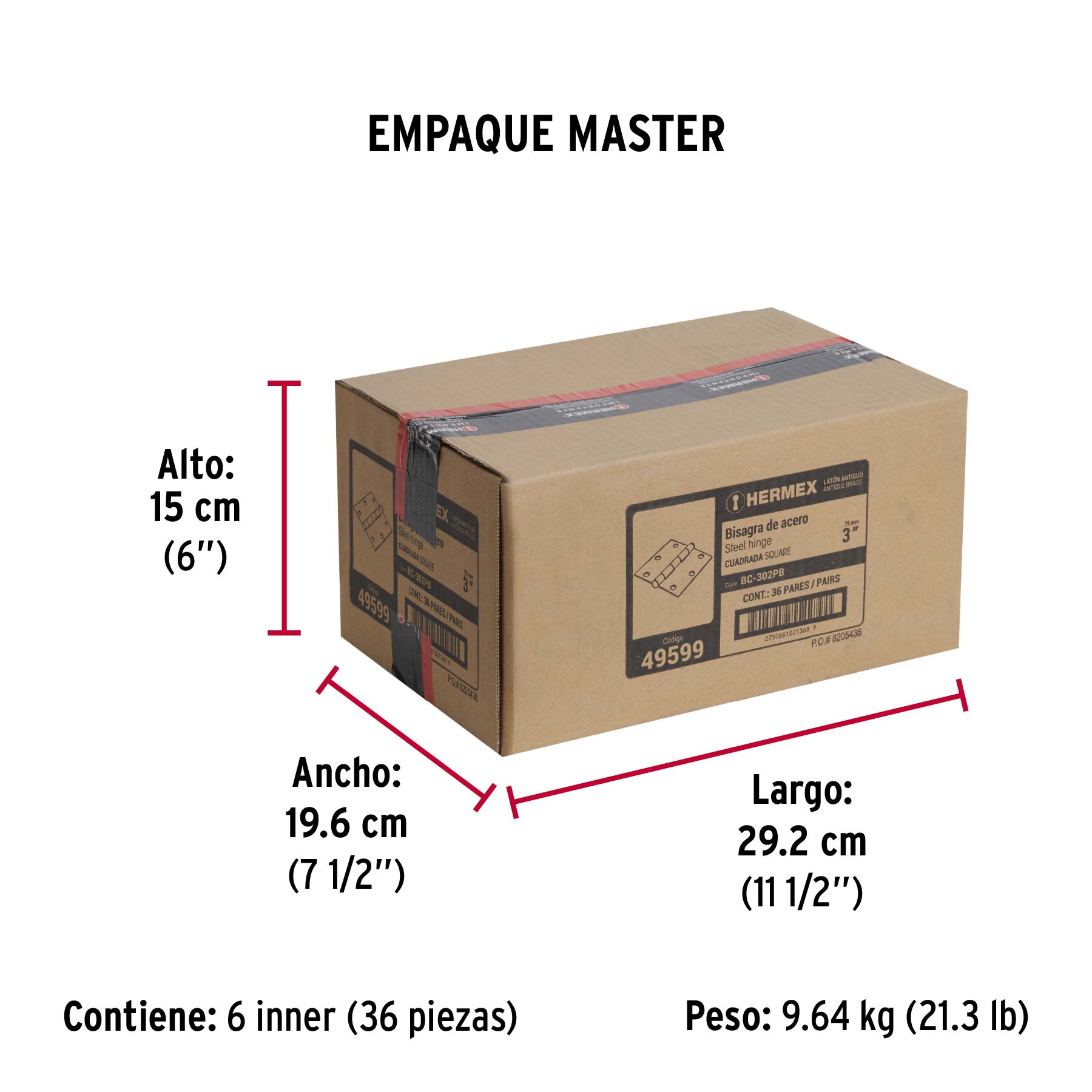 Bolsa c/2 bisagras cuadradas 3" plana laton ant HERMEX