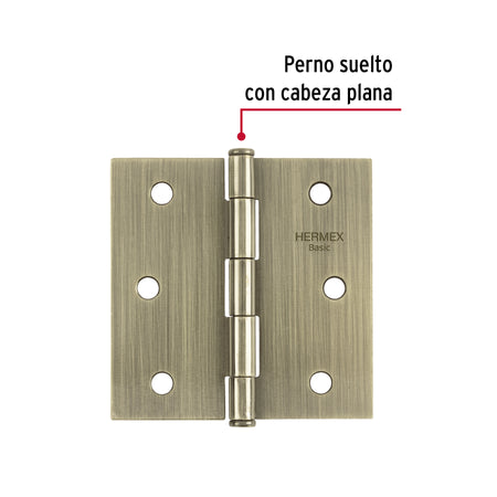 Bisagra cuadrada 3', latón antiguo, cabeza plana, BASIC