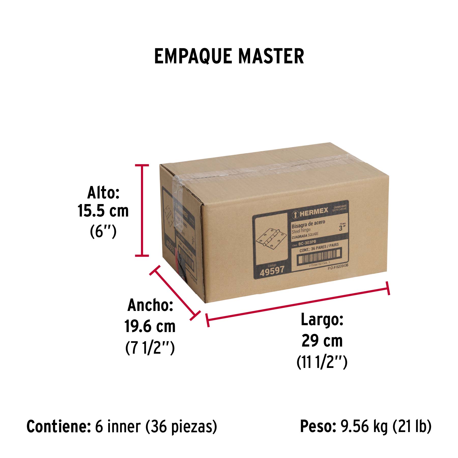 Bolsa c/2 bisagras cuadradas 3', plana, satinado, HERMEX