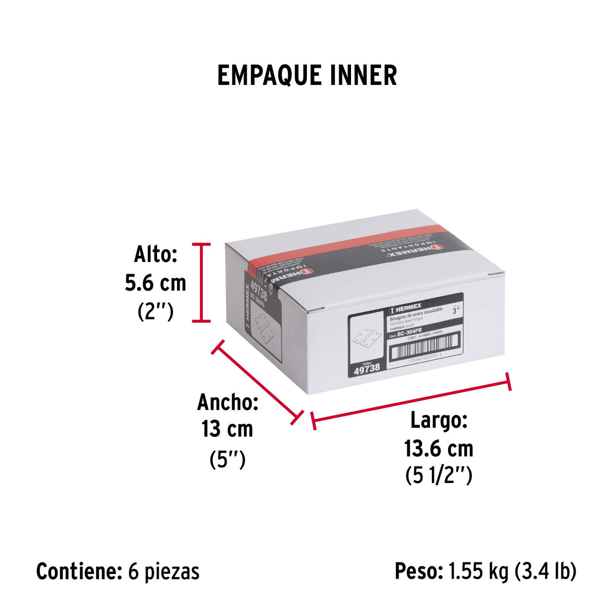Bolsa c/2 bisagras cuadradas 3" plana acero inox HERMEX