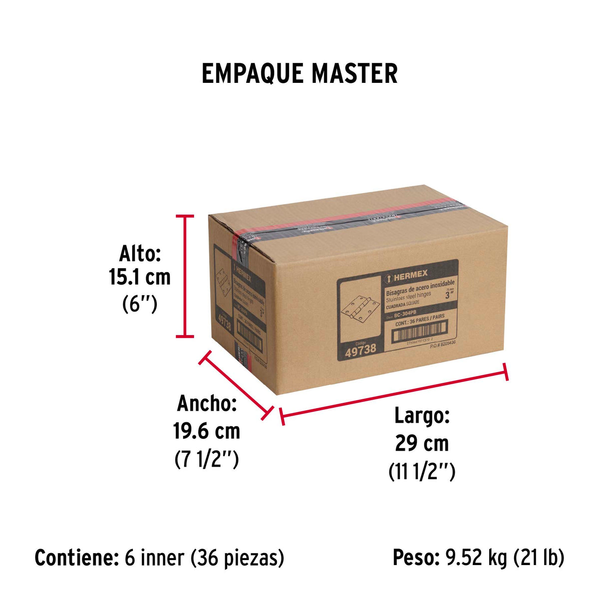 Bolsa c/2 bisagras cuadradas 3" plana acero inox HERMEX