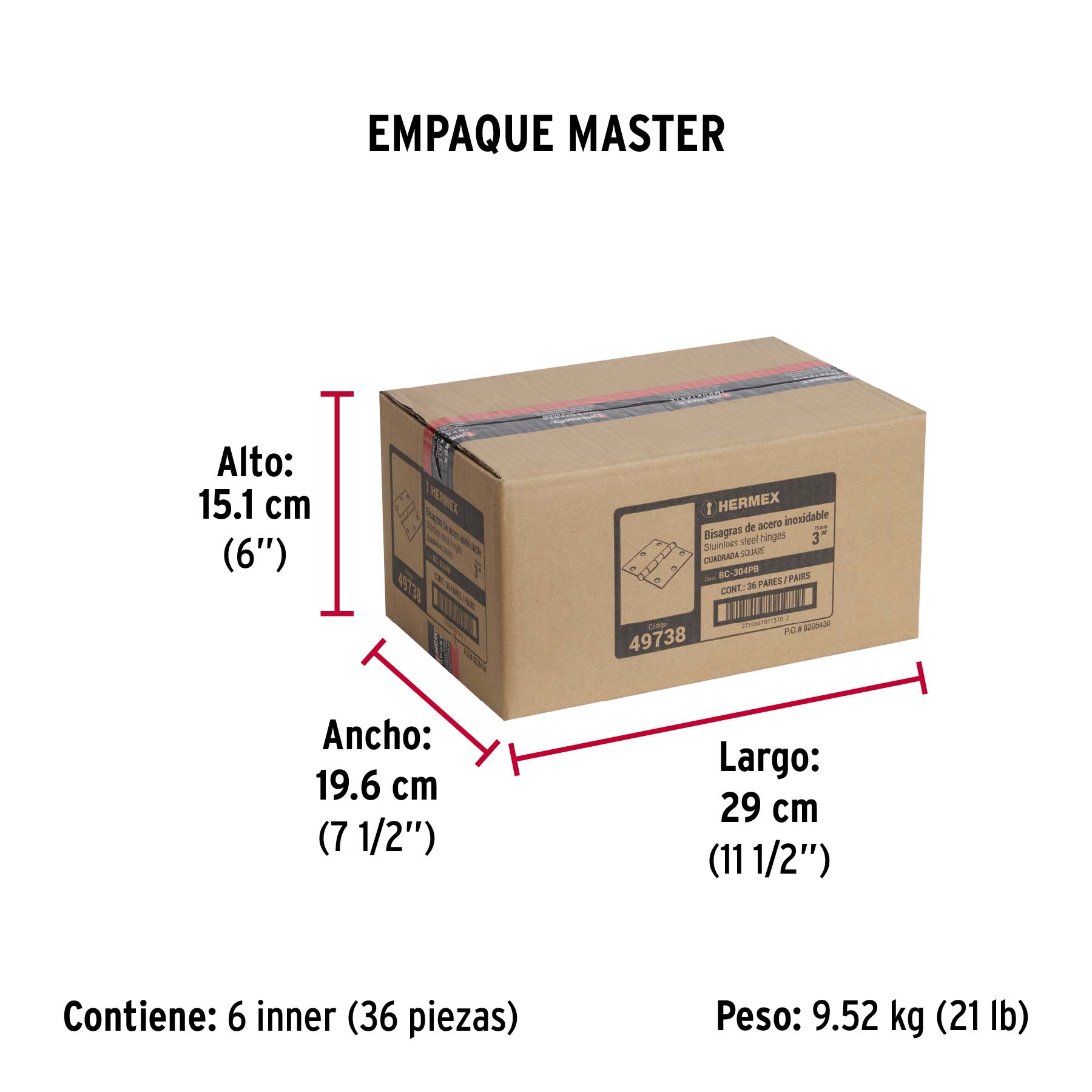 Bolsa c/2 bisagras cuadradas 3" plana acero inox HERMEX