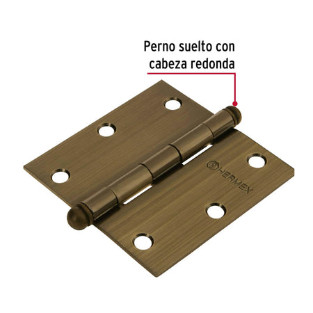 Bisagra cuadrada 3-1/2', latón antiguo, cabeza redonda