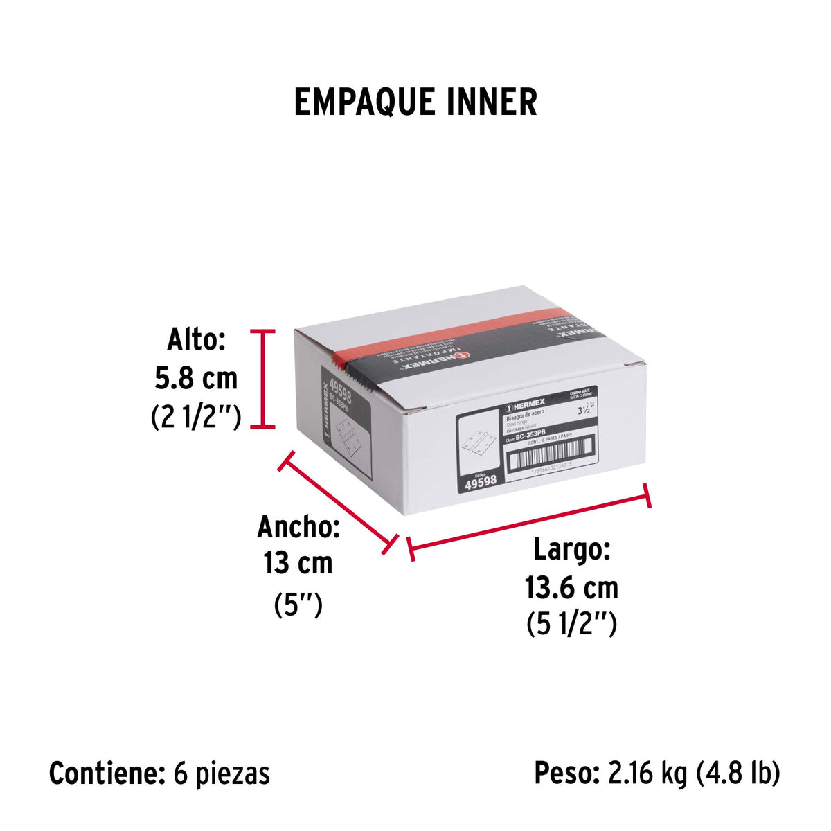 Bolsa c/2 bisagras cuadradas 3-1/2', plana, satinado, HERMEX