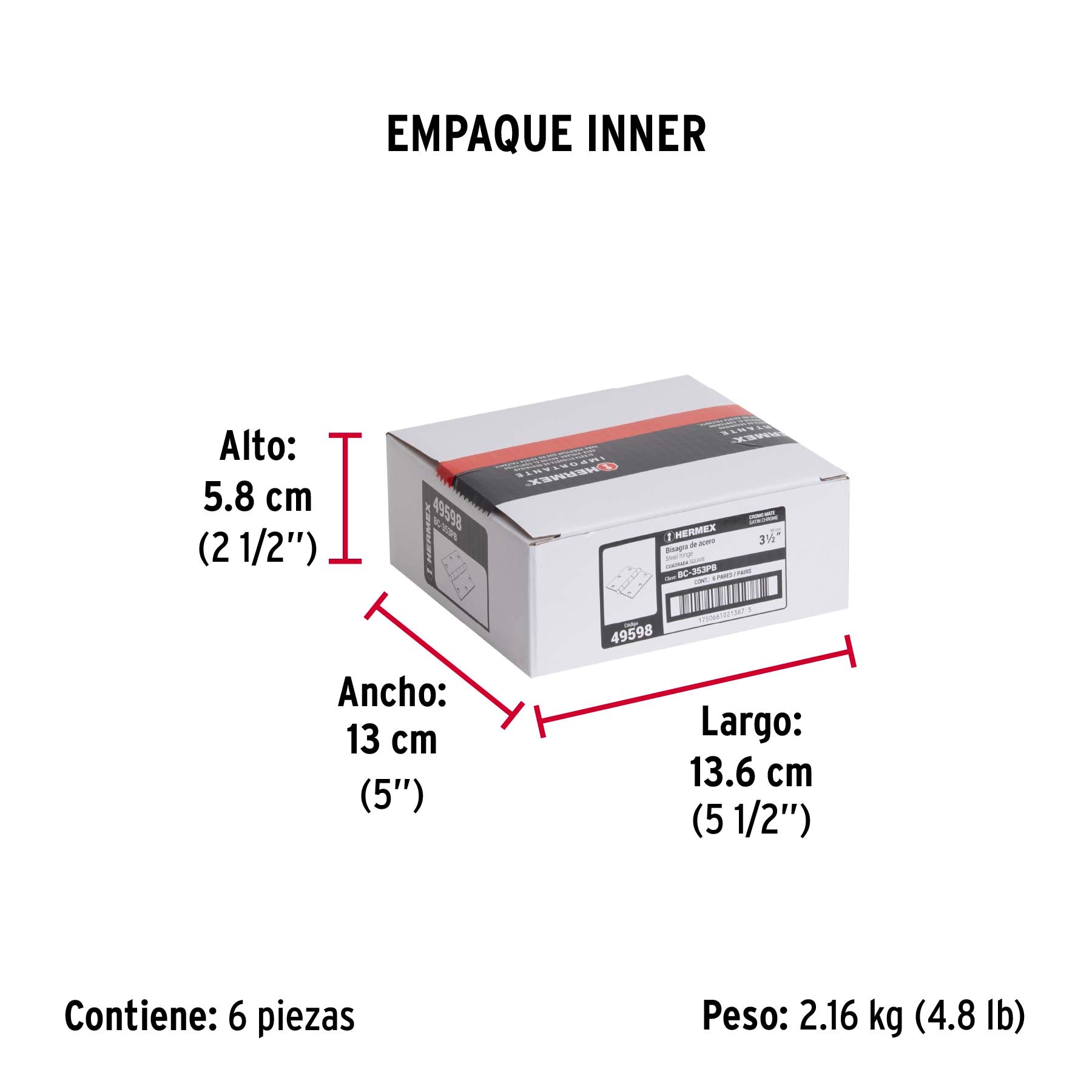 Bolsa c/2 bisagras cuadradas 3-1/2', plana, satinado, HERMEX