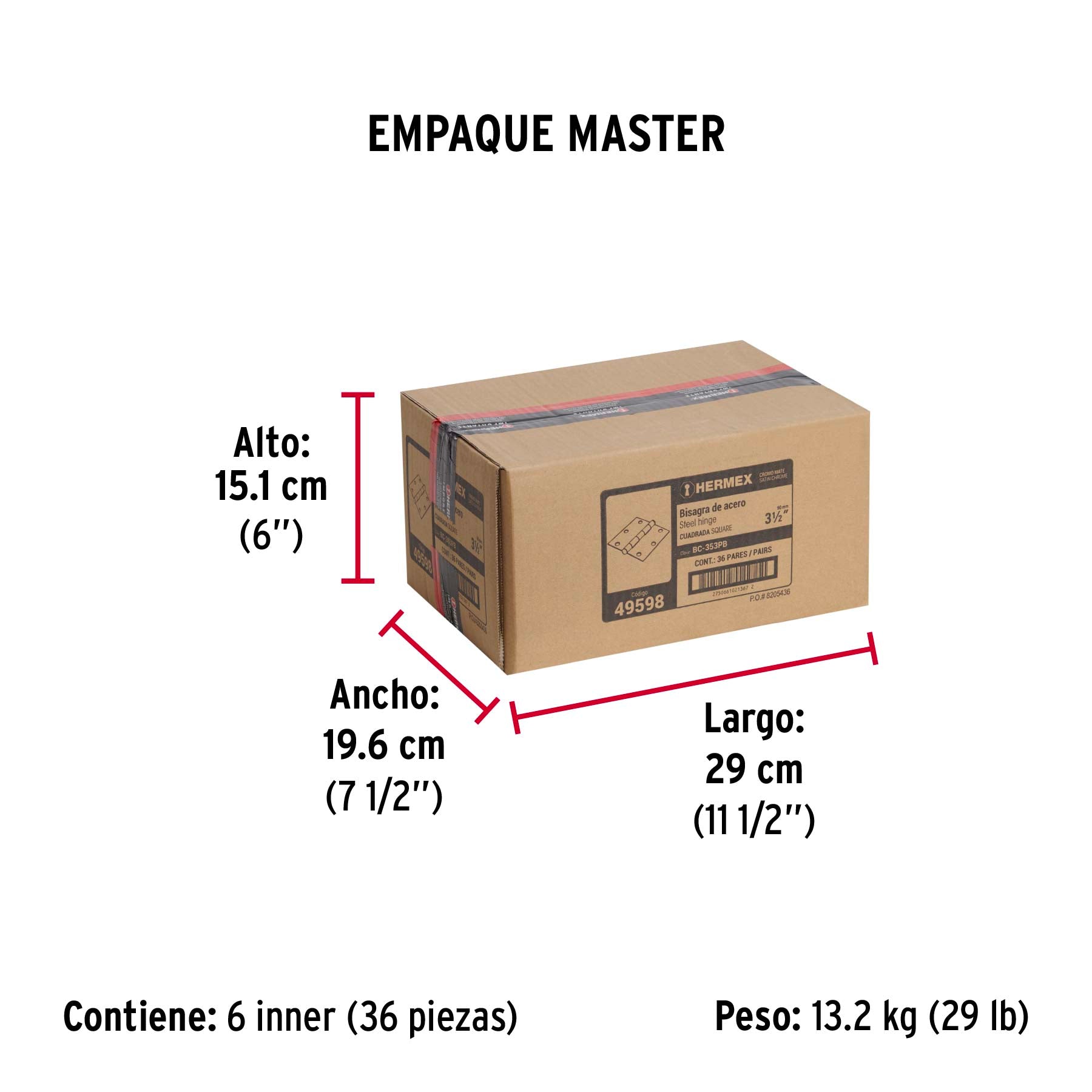 Bolsa c/2 bisagras cuadradas 3-1/2', plana, satinado, HERMEX