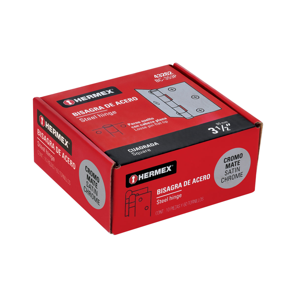 Bisagra cuadrada 3-1/2', satinado, cabeza plana, HERMEX