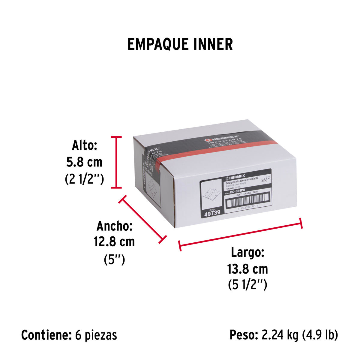 Bolsa c/2 bisagras cuadradas 3-1/2" planaacero inoxHERMEX