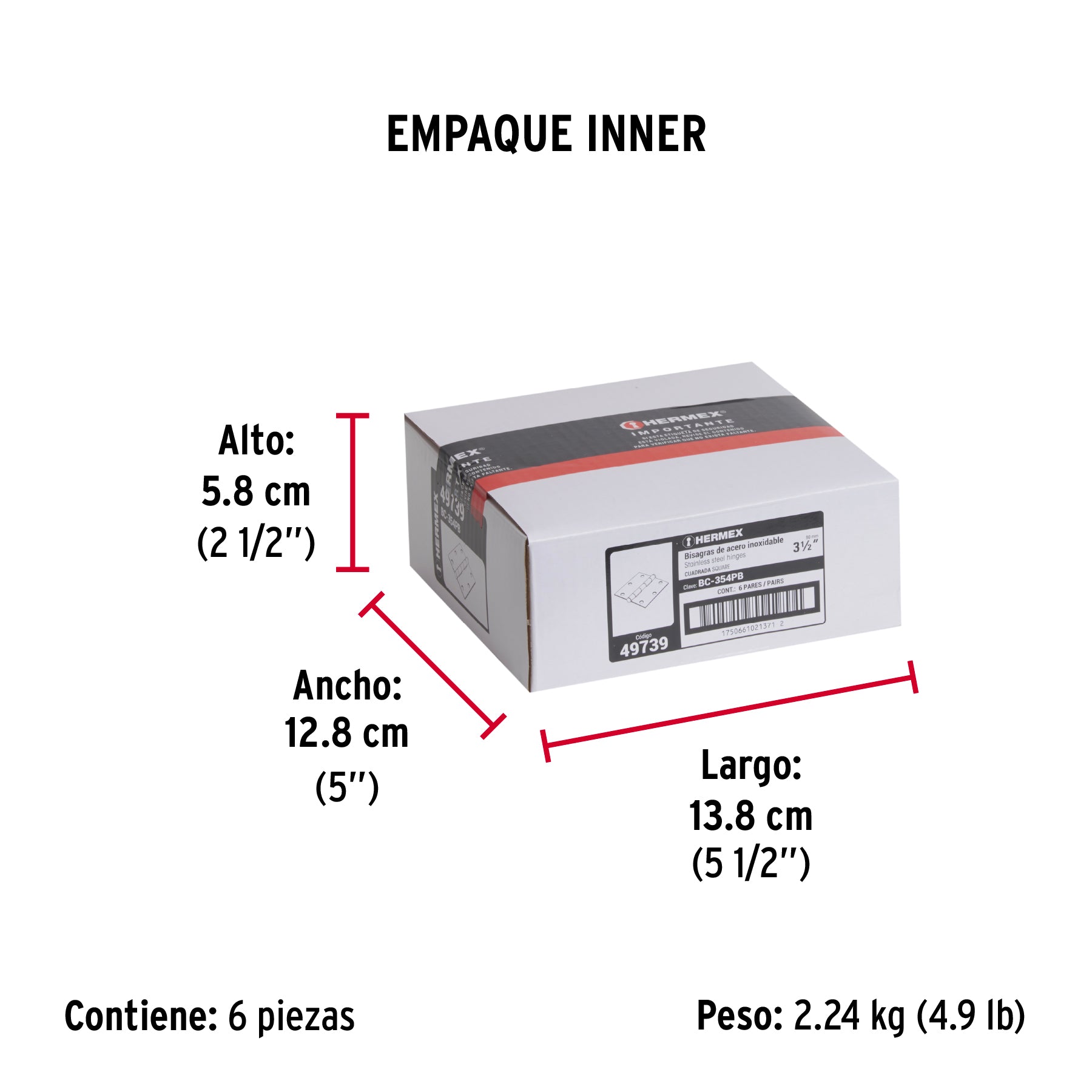 Bolsa c/2 bisagras cuadradas 3-1/2" planaacero inoxHERMEX