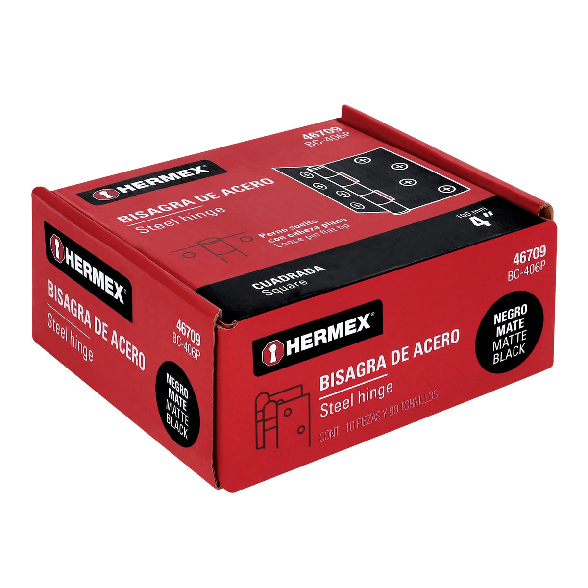 Bisagra cuadrada 4', negro mate, cabeza plana, HERMEX