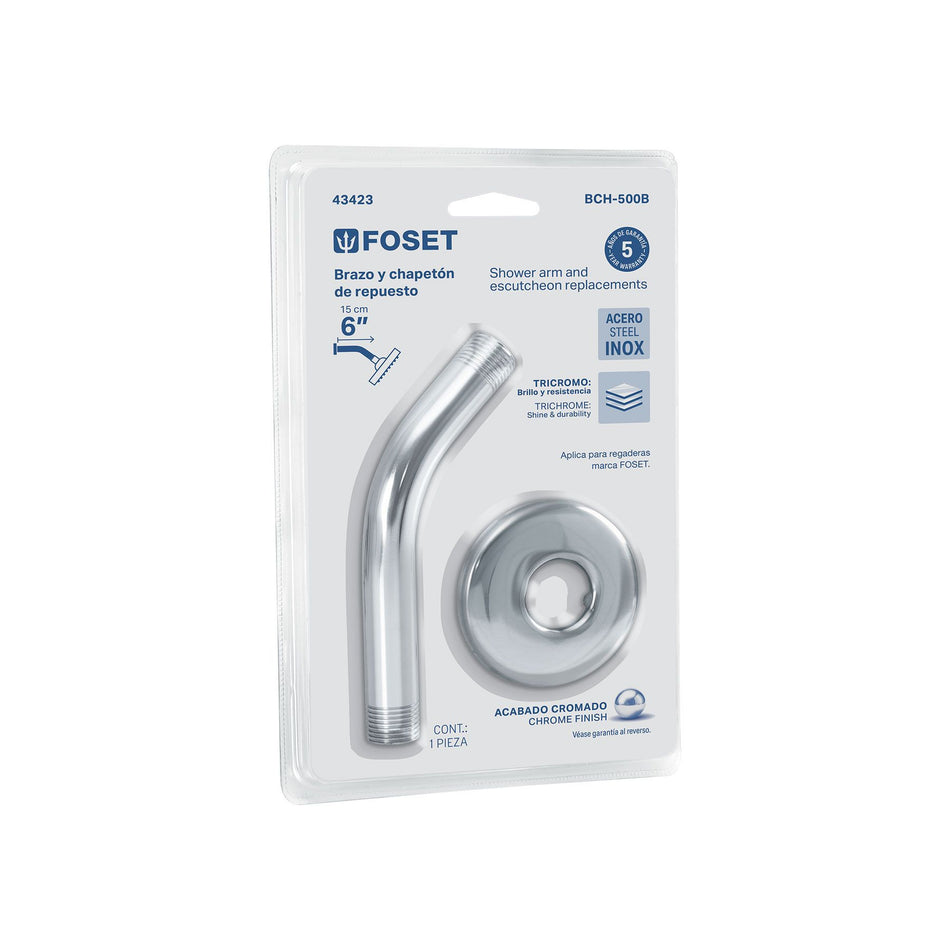 Brazo y chapetón para regadera, blíster, cromo, FOSET BASIC