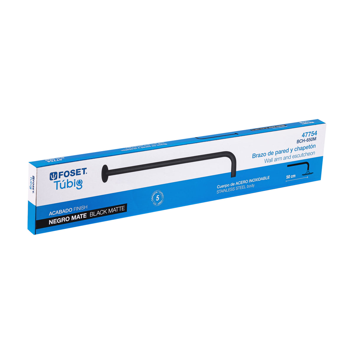 Brazo recto 50 cm con chapeton para regadera negro mate