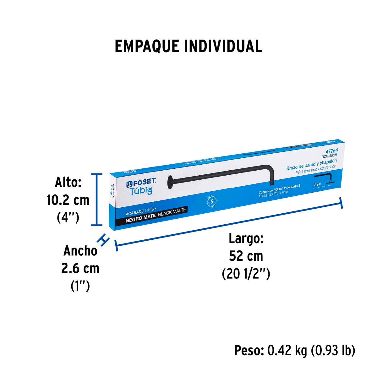 Brazo recto 50 cm con chapeton para regadera negro mate