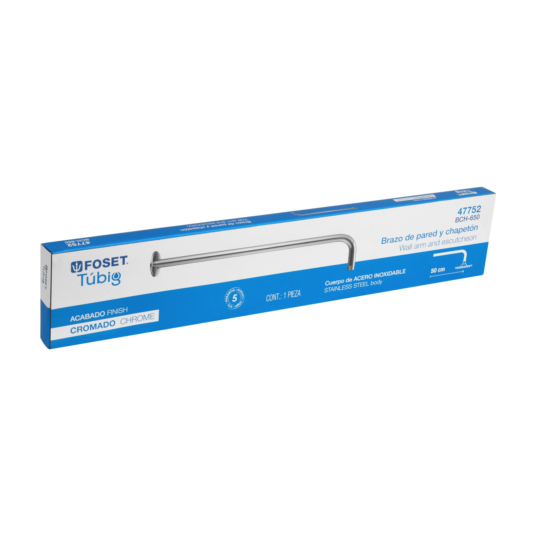 Brazo recto 50 cm con chapeton para regadera cromo FOSET