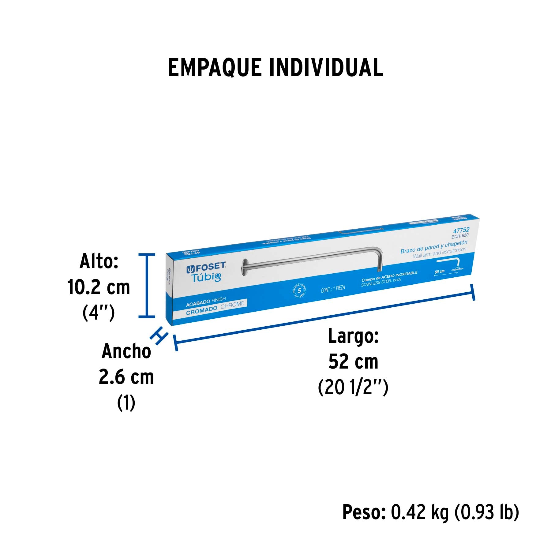 Brazo recto 50 cm con chapeton para regadera cromo FOSET