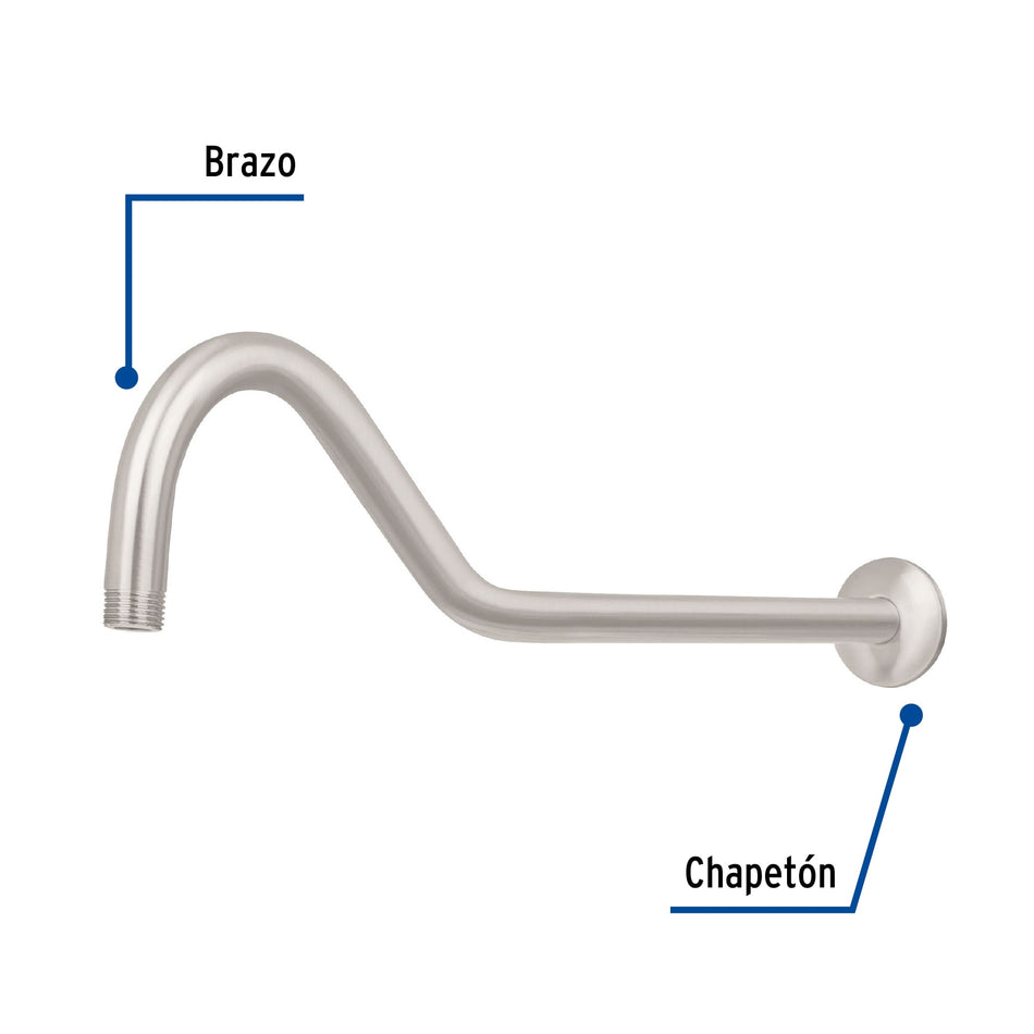 Brazo y chapeton tipo gancho para regadera 50 cm satinado