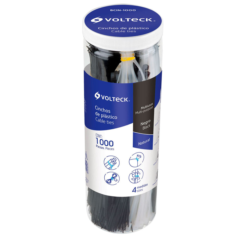 Bote con 1000 cinchos plasticos negros y naturales Volteck