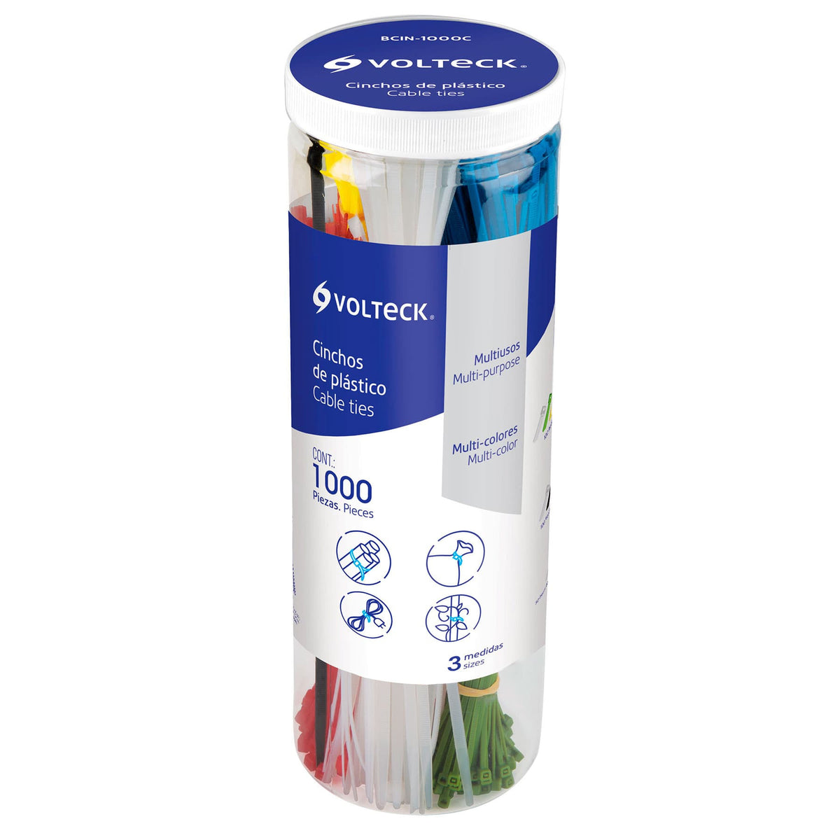 Bote con 1000 cinchos plasticos en colores surtidos Volteck