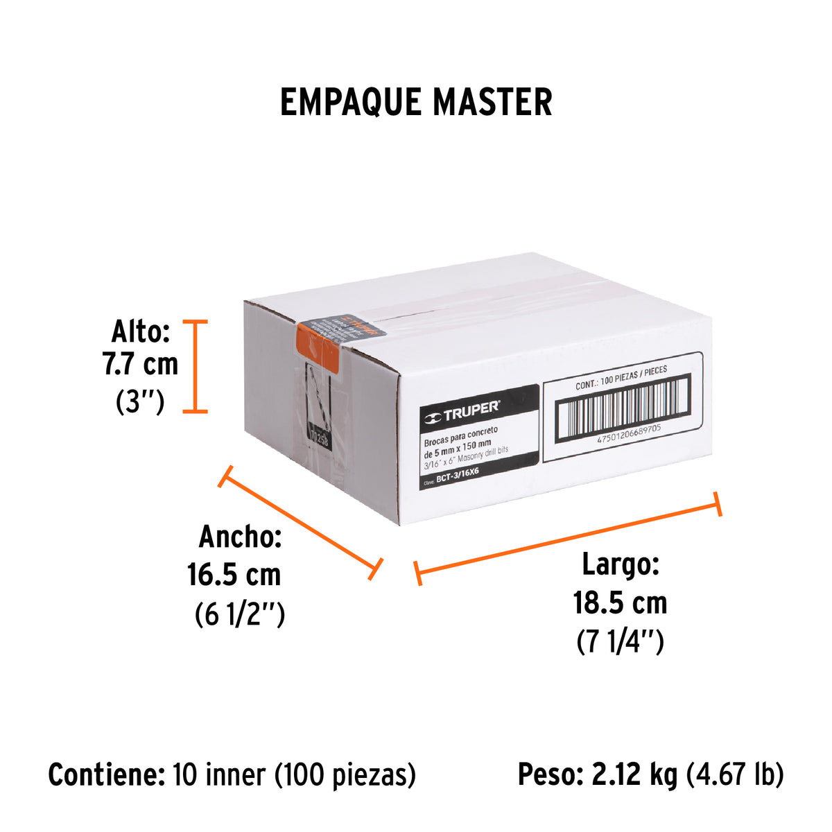 Broca para concreto de 3/16 x Truper 6"