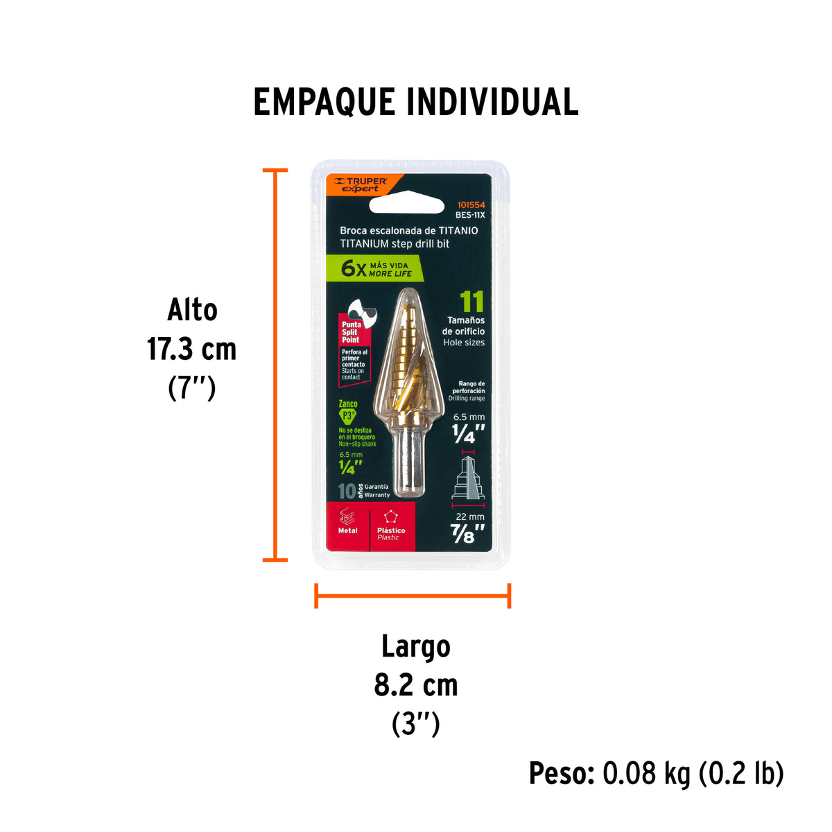 Broca escalonada titanio 11 escalones 1/4" a 7/8" Expert