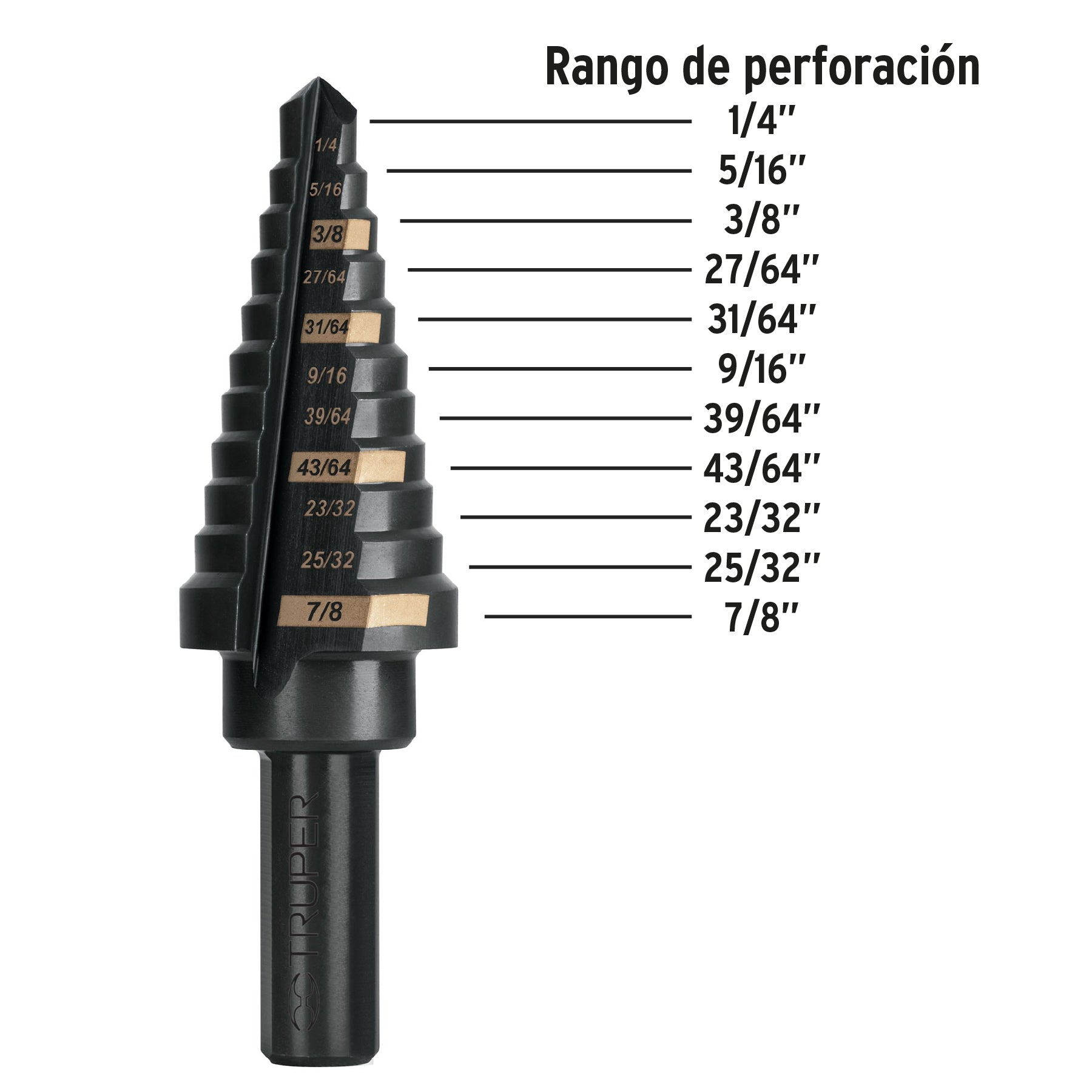 Broca escalonada oxido negro 11 escalones 1/4" a 7/8"Truper