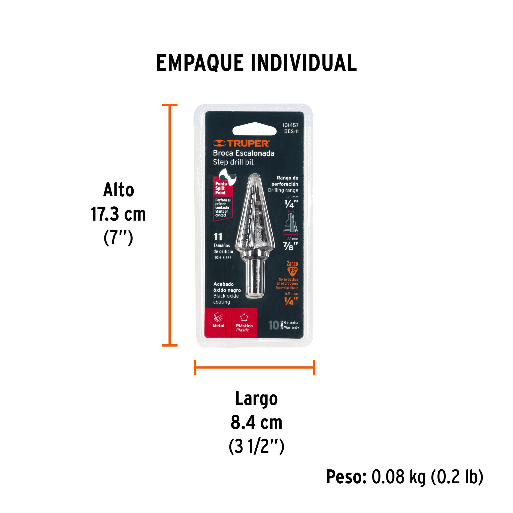 Broca escalonada oxido negro 11 escalones 1/4" a 7/8"Truper