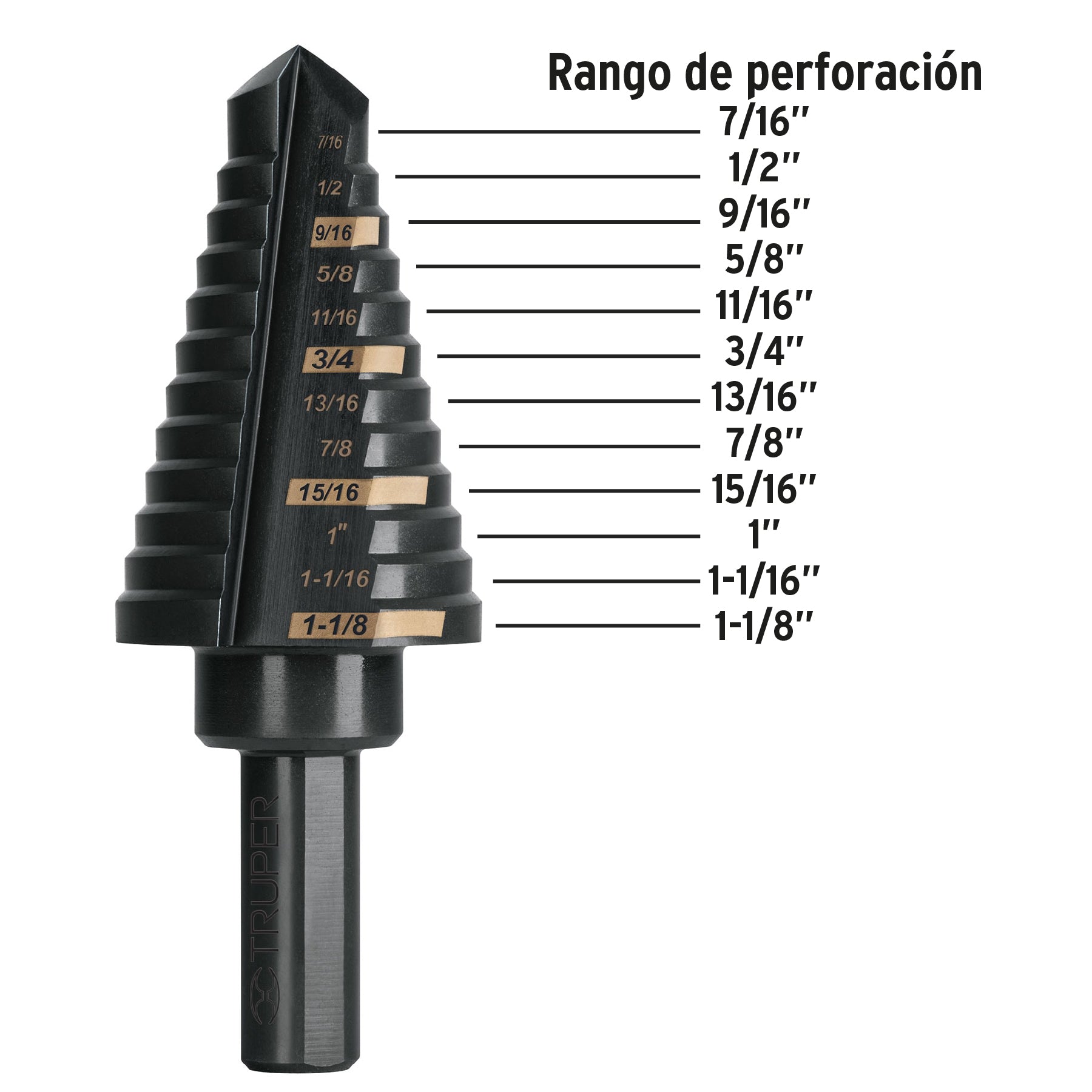 Broca escalonada oxido negro 12escalones 7/16 a 1-1/8Truper