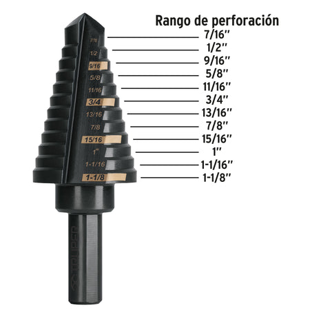 Broca escalonada oxido negro 12escalones 7/16 a 1-1/8Truper